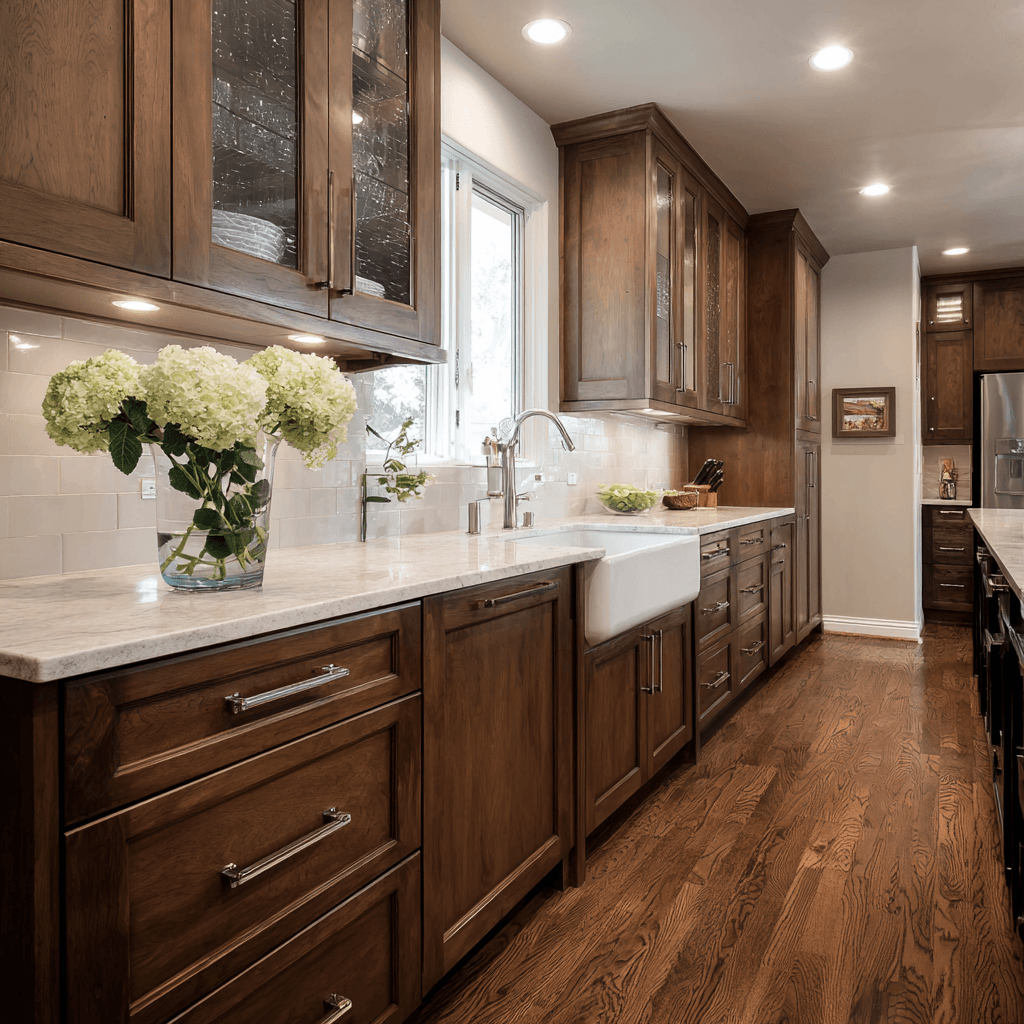Picture of a newly remodeled kitchen with granite countertops and custom wooden cabinets