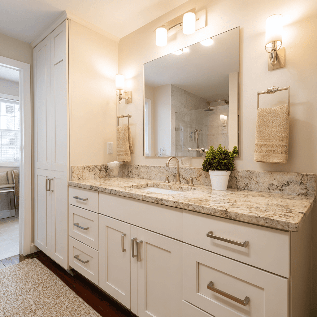 picture of a newly remodeled bathroom with granite countertop